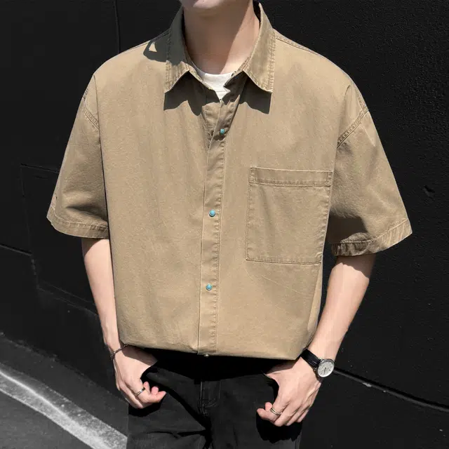 稻草人 美式学院风简约基础款翻领潮牌设计感高级宽松落肩袖日常通勤休闲百搭纯棉短袖衬衫 男女同款