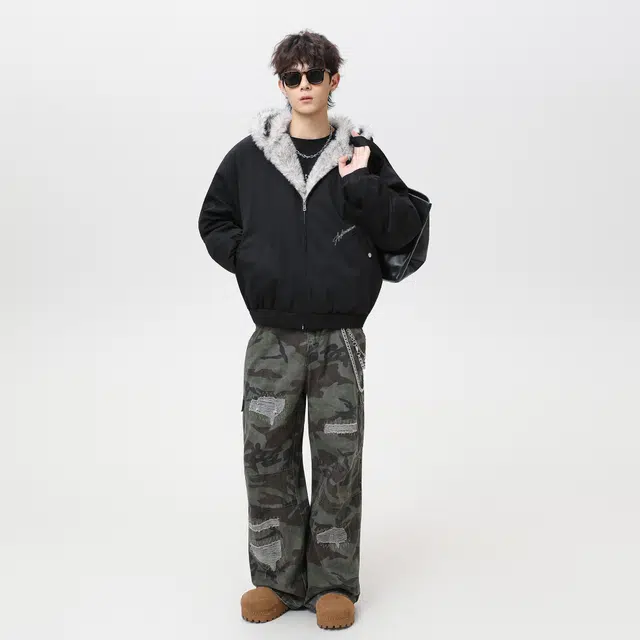 稻草人 美式高街品牌艺术英文字母印花座山雕毛领仿狐狸毛休闲宽松纯色加厚短款夹克高级感连帽保暖舒适百搭长袖飞行外套棉服 男女同款