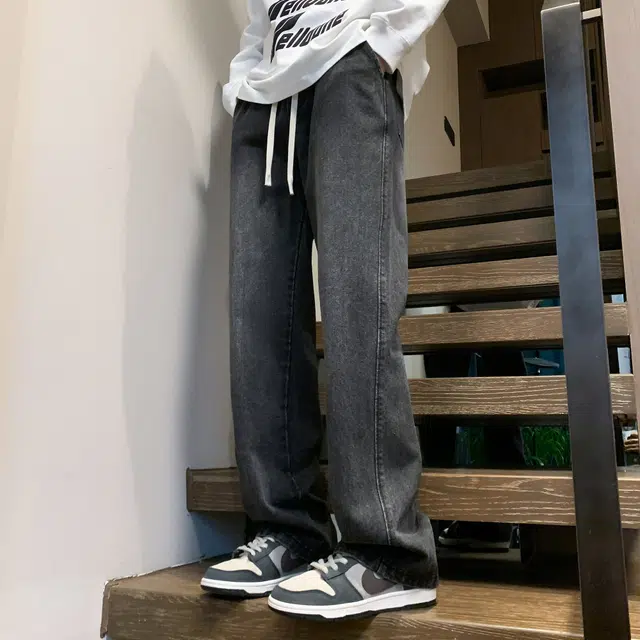 稻草人 美式高街复古渐变水洗做旧黄泥染简约基础款宽松休闲中腰系带松紧直筒阔腿百搭牛仔裤 男女同款