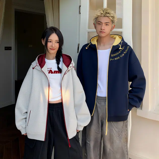 稻草人 美式简约撞色拼接松紧连帽慵懒风拉链开衫宽松休闲舒适运动高级感时尚百搭长袖落肩上衣外套秋季潮牌情侣卫衣 男女同款