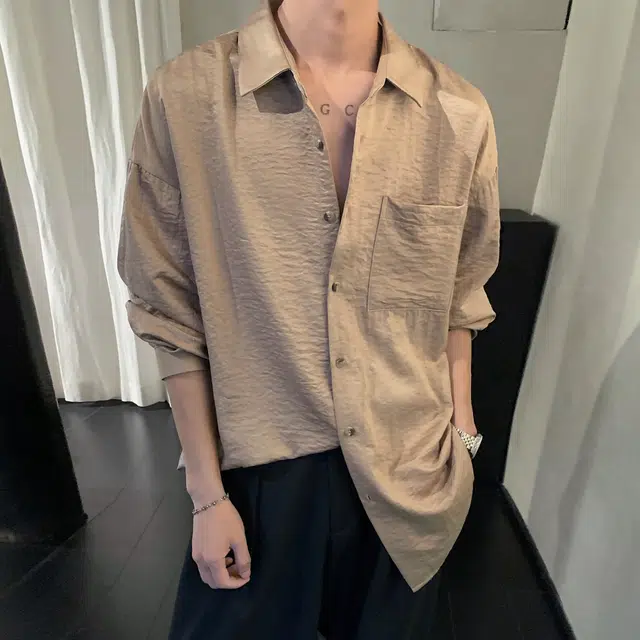 稻草人 简约纯色百搭落肩翻领休闲开衫长袖衬衫 男女同款