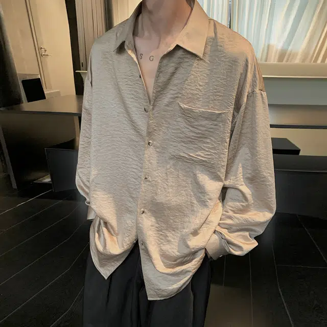 稻草人 简约纯色百搭落肩翻领休闲开衫长袖衬衫 男女同款