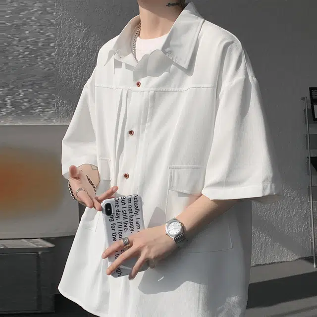 稻草人 美式复古高街舒适时尚简约纯色宽松休闲百搭商务潮流日常透气轻薄柔软翻领落肩短袖衬衫 男女同款