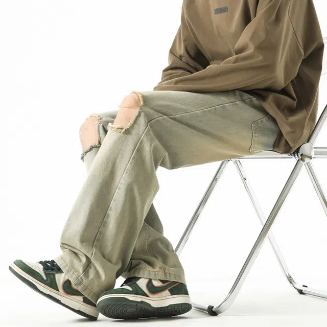 稻草人 美式复古膝盖微喇破洞重水洗做旧古希腊人物印花宽松休闲透气高街风垂感直筒百搭通勤牛仔裤 男女同款