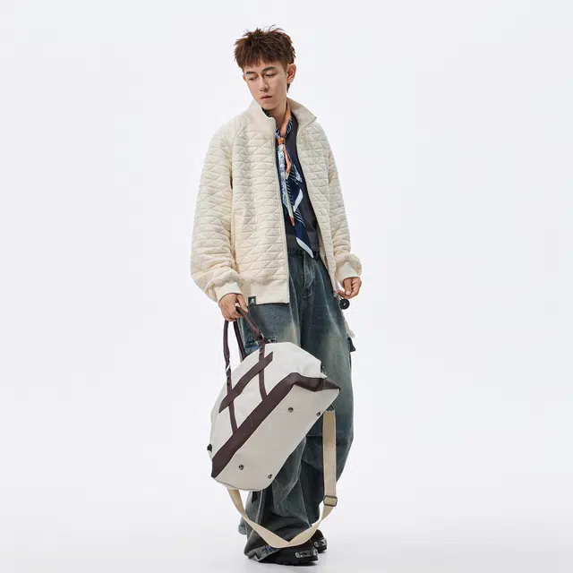 稻草人 美式复古潮牌菱形格纹理高街痞帅时尚双开拉链棒球领外套宽松舒适休闲百搭开衫长袖肌理感秋季卫衣 男女同款