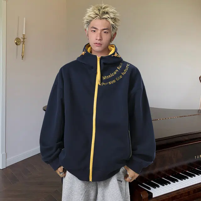 稻草人 美式简约撞色拼接松紧连帽慵懒风拉链开衫宽松休闲舒适运动高级感时尚百搭长袖落肩上衣外套秋季潮牌情侣卫衣 男女同款