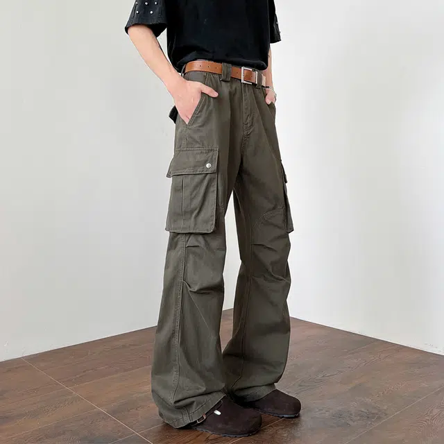 稻草人 美式高街简约复古潮流微喇宽松褶皱多口袋休闲时尚百搭牛仔裤 男女同款