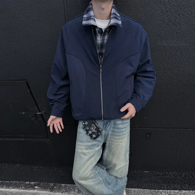 稻草人 美式复古简约假两件撞色设计宽松休闲百搭基础纯色潮流时尚个性舒适学院风拉链翻领飞行夹克外套 男女同款