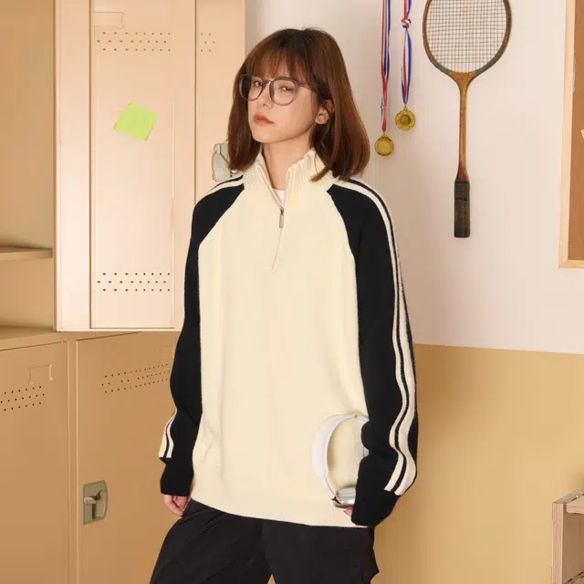 稻草人 学院风慵懒风半高领条纹拼接撞色插肩针织衫宽松休闲套头内搭防寒保暖长袖打底衫毛衣 男女同款