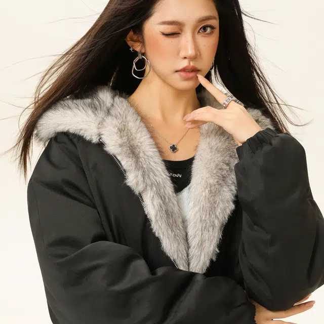 稻草人 美式高街品牌艺术英文字母印花座山雕毛领仿狐狸毛休闲宽松纯色加厚短款夹克高级感连帽保暖舒适百搭长袖飞行外套棉服 男女同款