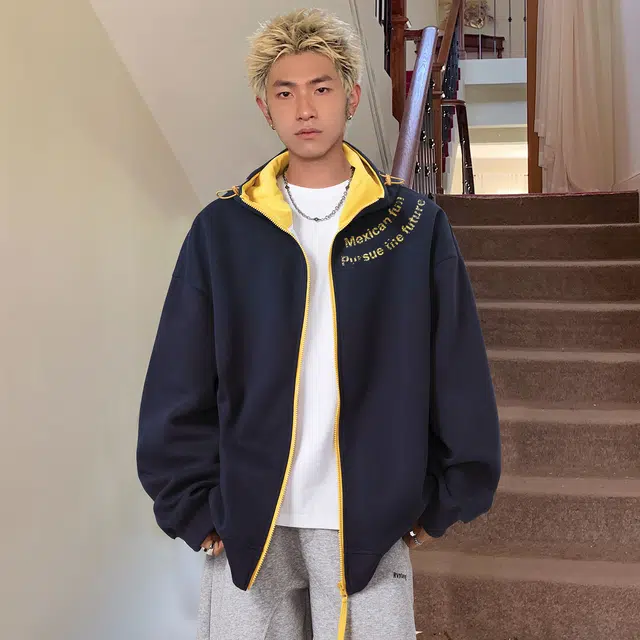 稻草人 美式简约撞色拼接松紧连帽慵懒风拉链开衫宽松休闲舒适运动高级感时尚百搭长袖落肩上衣外套秋季潮牌情侣卫衣 男女同款