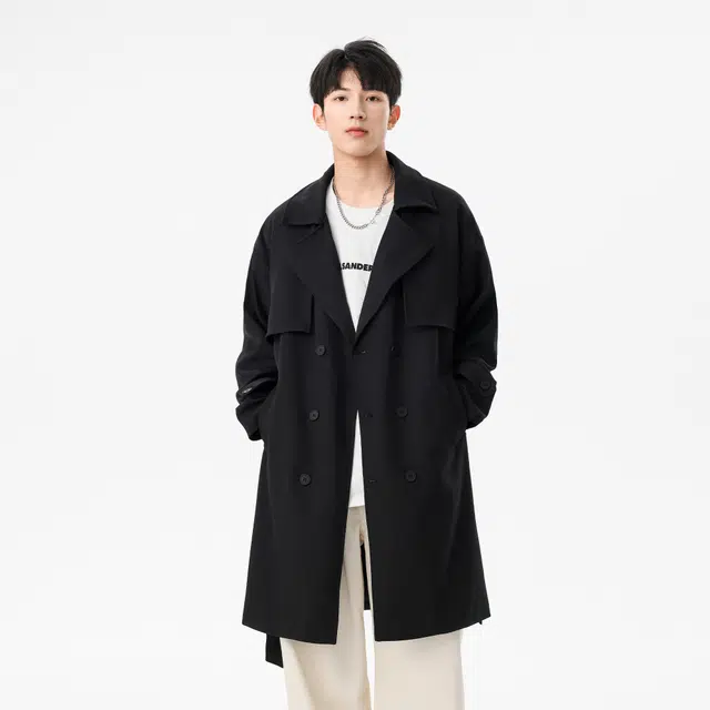 稻草人 美式高街复古简约西装领经典纯色基础百搭舒适宽松休闲时尚高级感单排扣大衣中长款风衣 男女同款