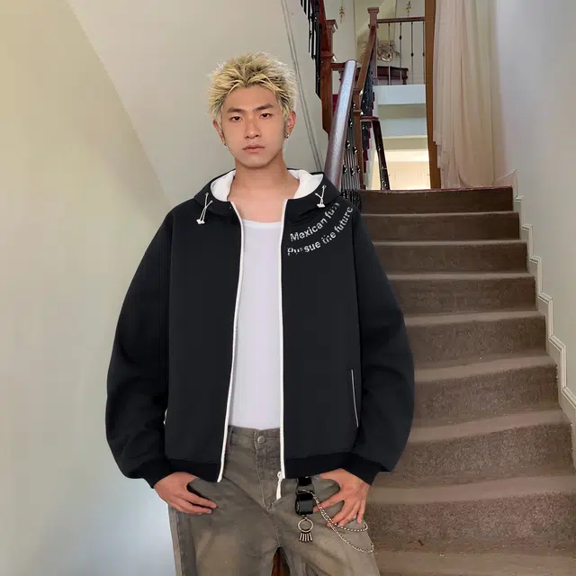 稻草人 美式简约撞色拼接松紧连帽慵懒风拉链开衫宽松休闲舒适运动高级感时尚百搭长袖落肩上衣外套秋季潮牌情侣卫衣 男女同款