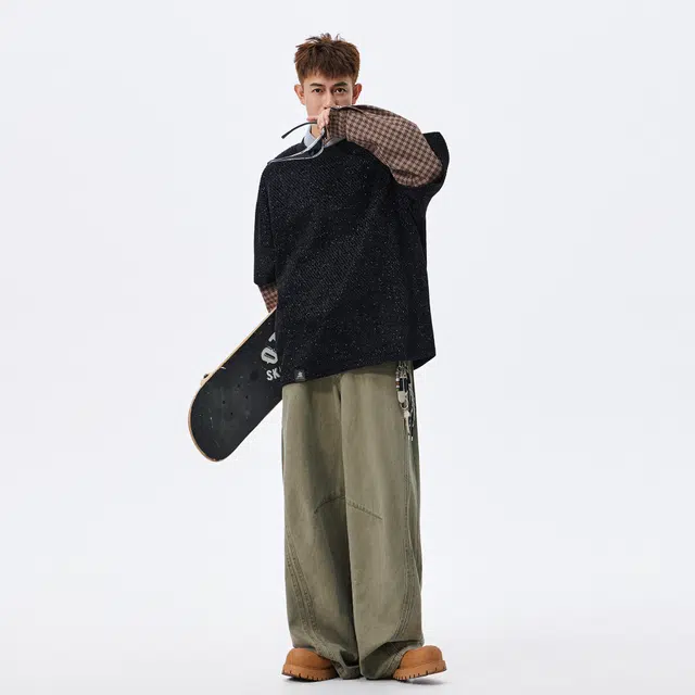 稻草人 美式复古大码假两件格纹撞色银丝斜纹满天星面料拼接设计高街圆领落肩套头秋季卫衣 男女同款
