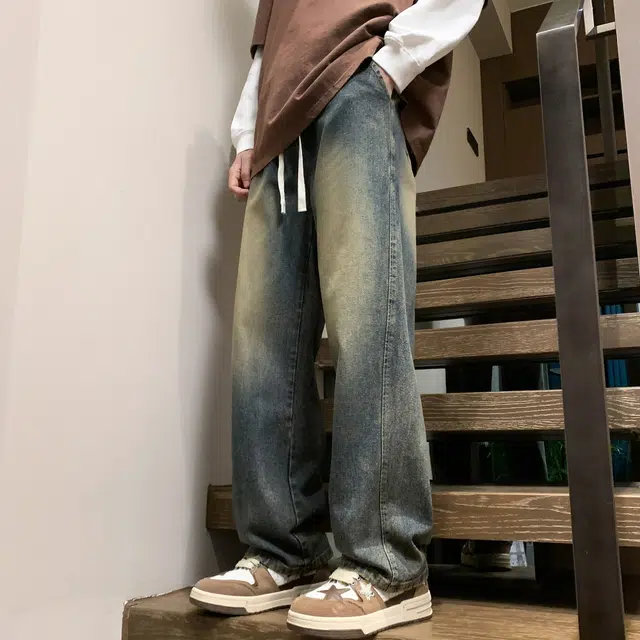 稻草人 美式高街复古渐变水洗做旧黄泥染简约基础款宽松休闲中腰系带松紧直筒阔腿百搭牛仔裤 男女同款