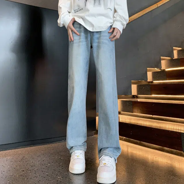 稻草人 美式高街复古做旧修身微喇显高显瘦直筒长裤烟灰垂感舒适亲肤透气百搭牛仔裤 男女同款