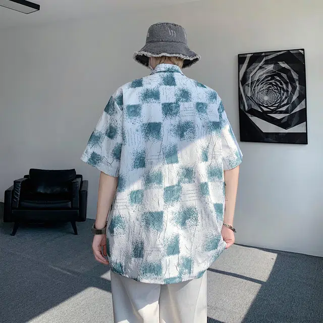 稻草人 创意涂鸦裂纹设计感翻领宽松休闲百搭文艺风夏威夷轻薄亲肤舒适凉感五分落肩袖外套衬衫 男女同款