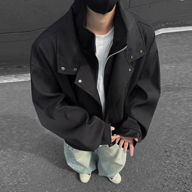 稻草人 美式复古美拉德假两件拼接设计宽松休闲百搭基础纯色立领纽扣防风潮流时尚个性春秋季舒适拉链夹克外套 男女同款