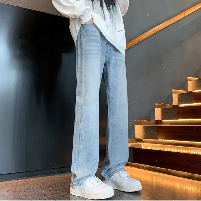 稻草人 美式高街复古做旧修身微喇显高显瘦直筒长裤烟灰垂感舒适亲肤透气百搭牛仔裤 男女同款