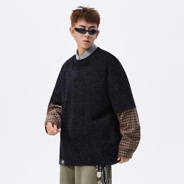 稻草人 美式复古大码假两件格纹撞色银丝斜纹满天星面料拼接设计高街圆领落肩套头秋季卫衣 男女同款