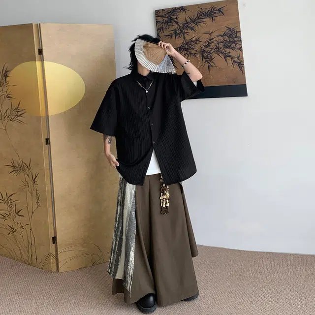 稻草人 美式复古街头基础肌理感无性别主义少年感宽松百搭休闲开衫透气凉感舒适速干户外通勤清新文艺风翻领短袖衬衫 男女同款