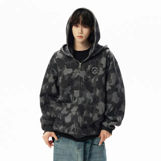 稻草人 美式复古高街潮牌学院风双层连帽品牌字母图案设计宽松休闲户外运动通勤百搭舒适高级感长袖落肩迷彩卫衣 男女同款
