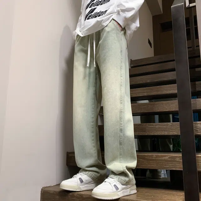 稻草人 美式高街复古渐变水洗做旧黄泥染简约基础款宽松休闲中腰系带松紧直筒阔腿百搭牛仔裤 男女同款