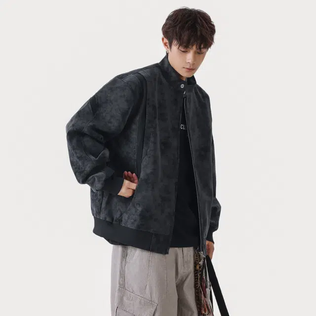 稻草人 美式复古扎染绒感雾花皮面料秋季机车朋克风双拉链宽松垂感休闲百搭情侣学生皮立领短款夹克外套 男女同款
