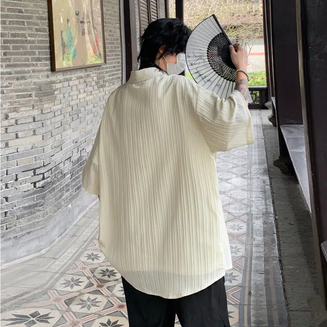 稻草人 美式复古街头基础肌理感无性别主义少年感宽松百搭休闲开衫透气凉感舒适速干户外通勤清新文艺风翻领短袖衬衫 男女同款