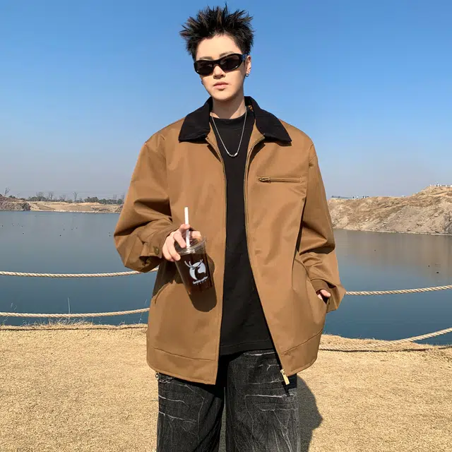 稻草人 纯色翻领百搭宽松休闲夹克外套 男女同款 卡其色