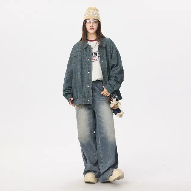 稻草人 美式嘻哈街头小香风割破做旧水洗磨毛翻领单排纽扣宽松休闲百搭落肩工装牛仔外套 男女同款