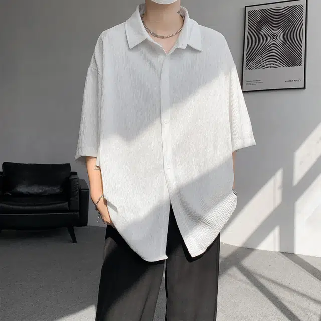 稻草人 美式复古简约基础款宽松美少年感无性别高街潮流宽松落肩领翻领休闲百搭开衫纽扣短袖衬衫 男女同款