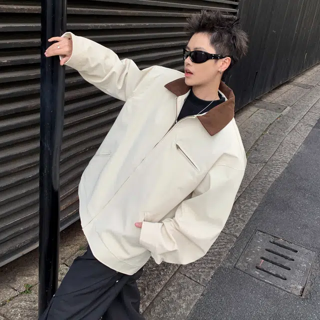 稻草人 纯色翻领百搭宽松休闲夹克外套 男女同款 卡其色