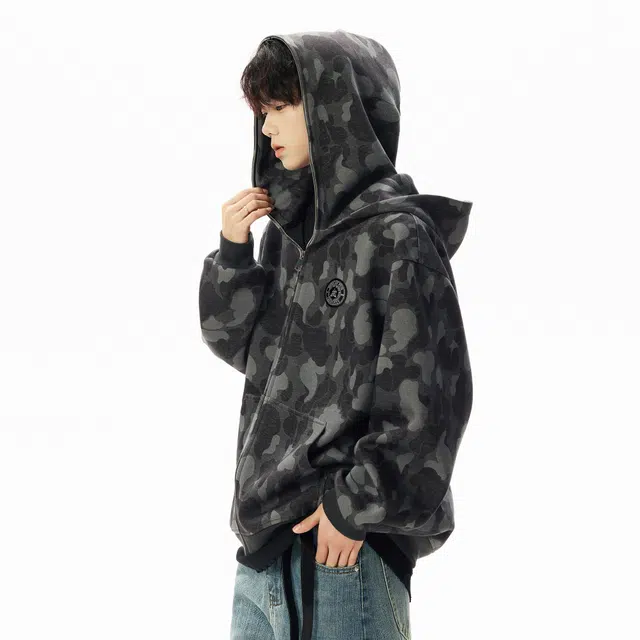 稻草人 美式复古高街潮牌学院风双层连帽品牌字母图案设计宽松休闲户外运动通勤百搭舒适高级感长袖落肩迷彩卫衣 男女同款