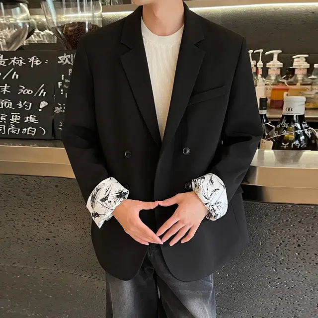 稻草人 美式高街纯色简约基础款袖口花卉内村垫肩外套高级感日常百搭休闲宽松潮流落肩长袖单排扣轻奢西装 男女同款