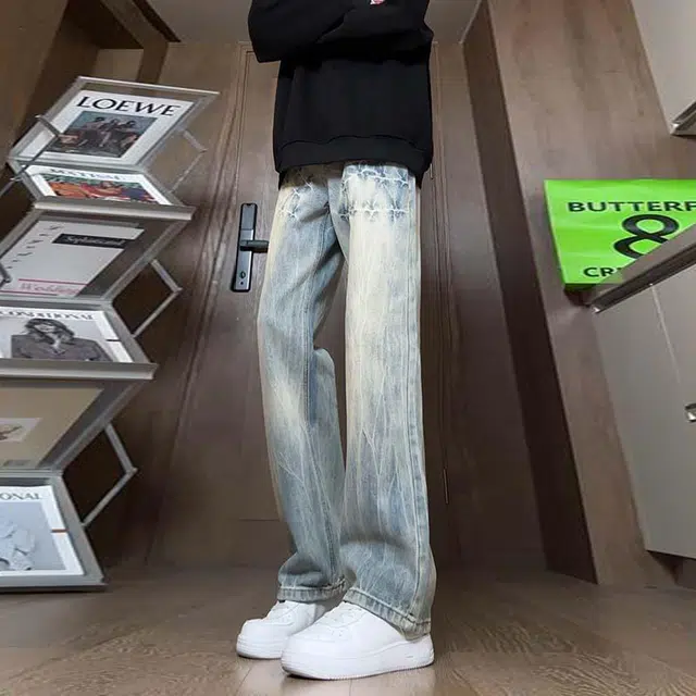 洞洞拐 韩版美式高街复古闪电爆裂纹水洗做旧小众高腰直筒微喇拖地显高显瘦长裤牛仔裤 男女同款
