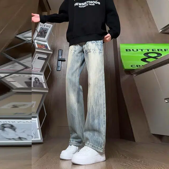 洞洞拐 韩版美式高街复古闪电爆裂纹水洗做旧小众高腰直筒微喇拖地显高显瘦长裤牛仔裤 男女同款