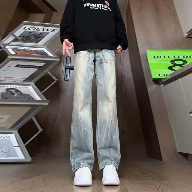 洞洞拐 韩版美式高街复古闪电爆裂纹水洗做旧小众高腰直筒微喇拖地显高显瘦长裤牛仔裤 男女同款