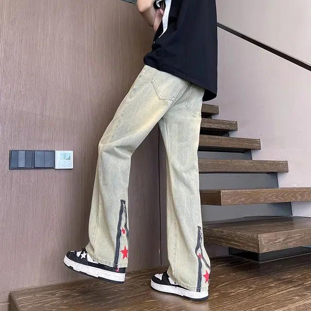 袋鼠 做旧美式高街宽松直筒裤水洗设计感拉链微喇裤牛仔裤 男女同款