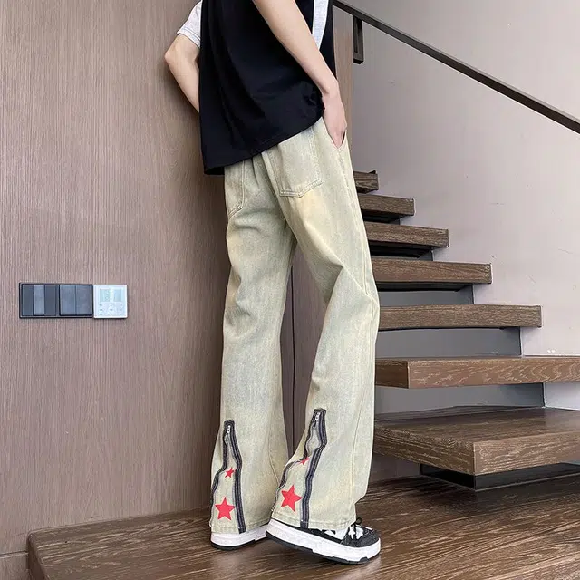 袋鼠 做旧美式高街宽松直筒裤水洗设计感拉链微喇裤牛仔裤 男女同款