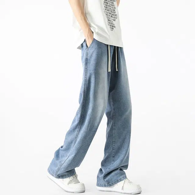 袋鼠 天丝裤薄款宽松男裤青少年长裤男生休闲裤子牛仔裤 男女同款