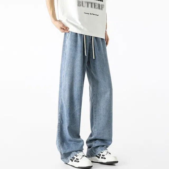 袋鼠 天丝潮流宽松直筒裤子高街男阔腿长裤男牛仔裤 男女同款