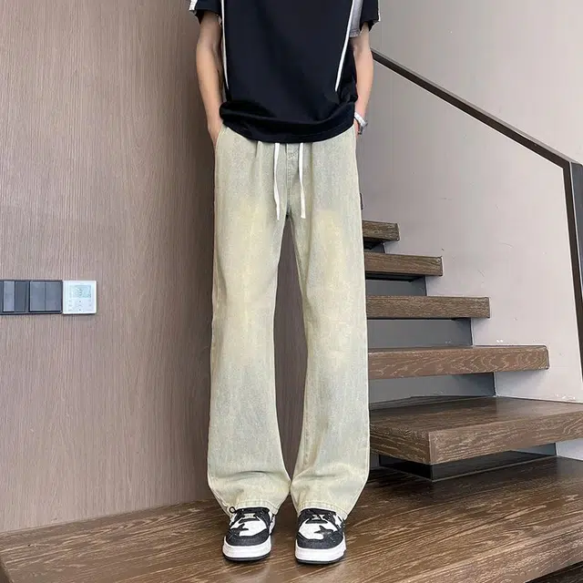 袋鼠 做旧美式高街宽松直筒裤水洗设计感拉链微喇裤牛仔裤 男女同款