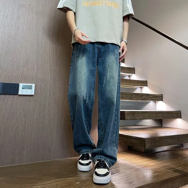 袋鼠 美式潮牌水洗直筒裤男复古宽松基础百搭阔腿休闲长裤牛仔裤 男女同款