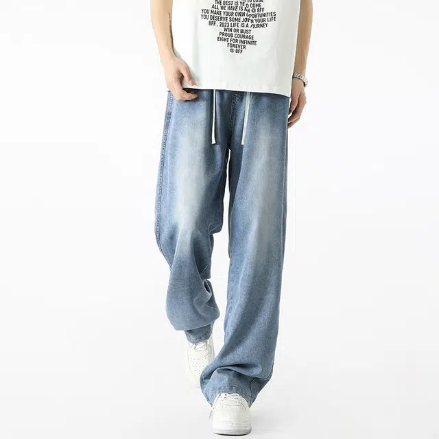 袋鼠 天丝裤薄款宽松男裤青少年长裤男生休闲裤子牛仔裤 男女同款