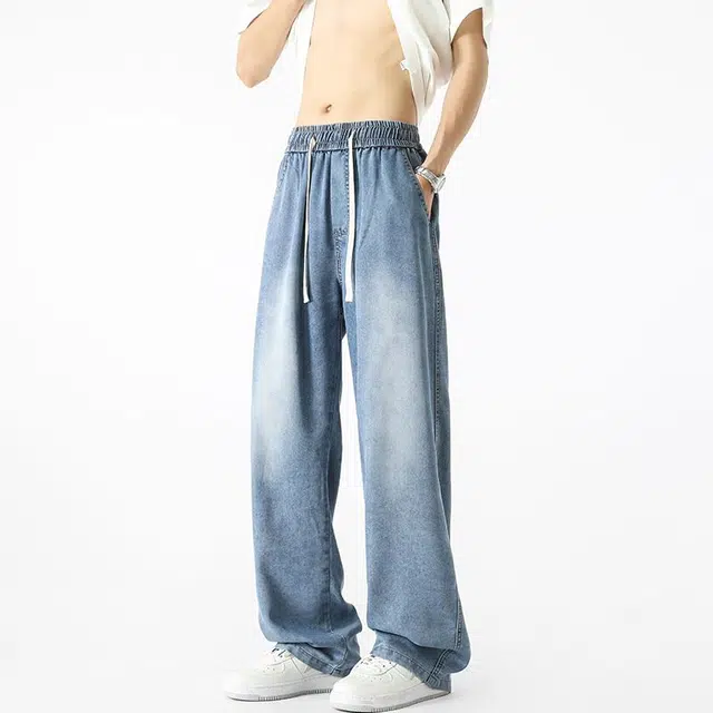 袋鼠 天丝裤薄款宽松男裤青少年长裤男生休闲裤子牛仔裤 男女同款