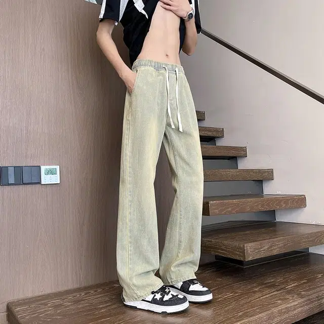 袋鼠 做旧美式高街宽松直筒裤水洗设计感拉链微喇裤牛仔裤 男女同款