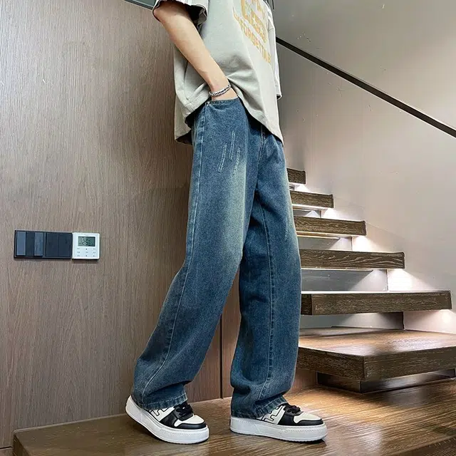 袋鼠 美式潮牌水洗直筒裤男复古宽松基础百搭阔腿休闲长裤牛仔裤 男女同款