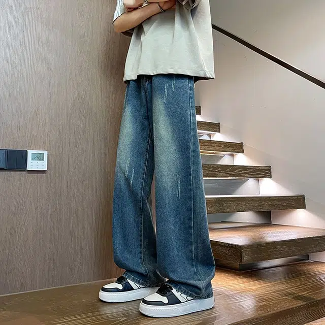 袋鼠 美式潮牌水洗直筒裤男复古宽松基础百搭阔腿休闲长裤牛仔裤 男女同款