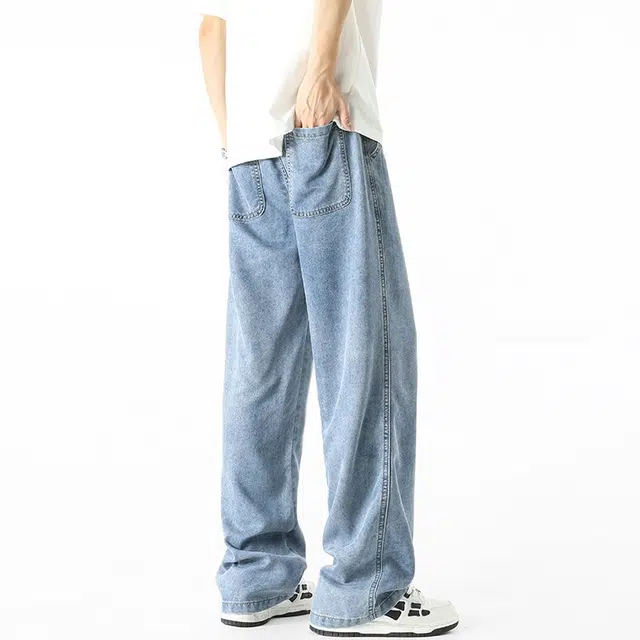 袋鼠 天丝潮流宽松直筒裤子高街男阔腿长裤男牛仔裤 男女同款
